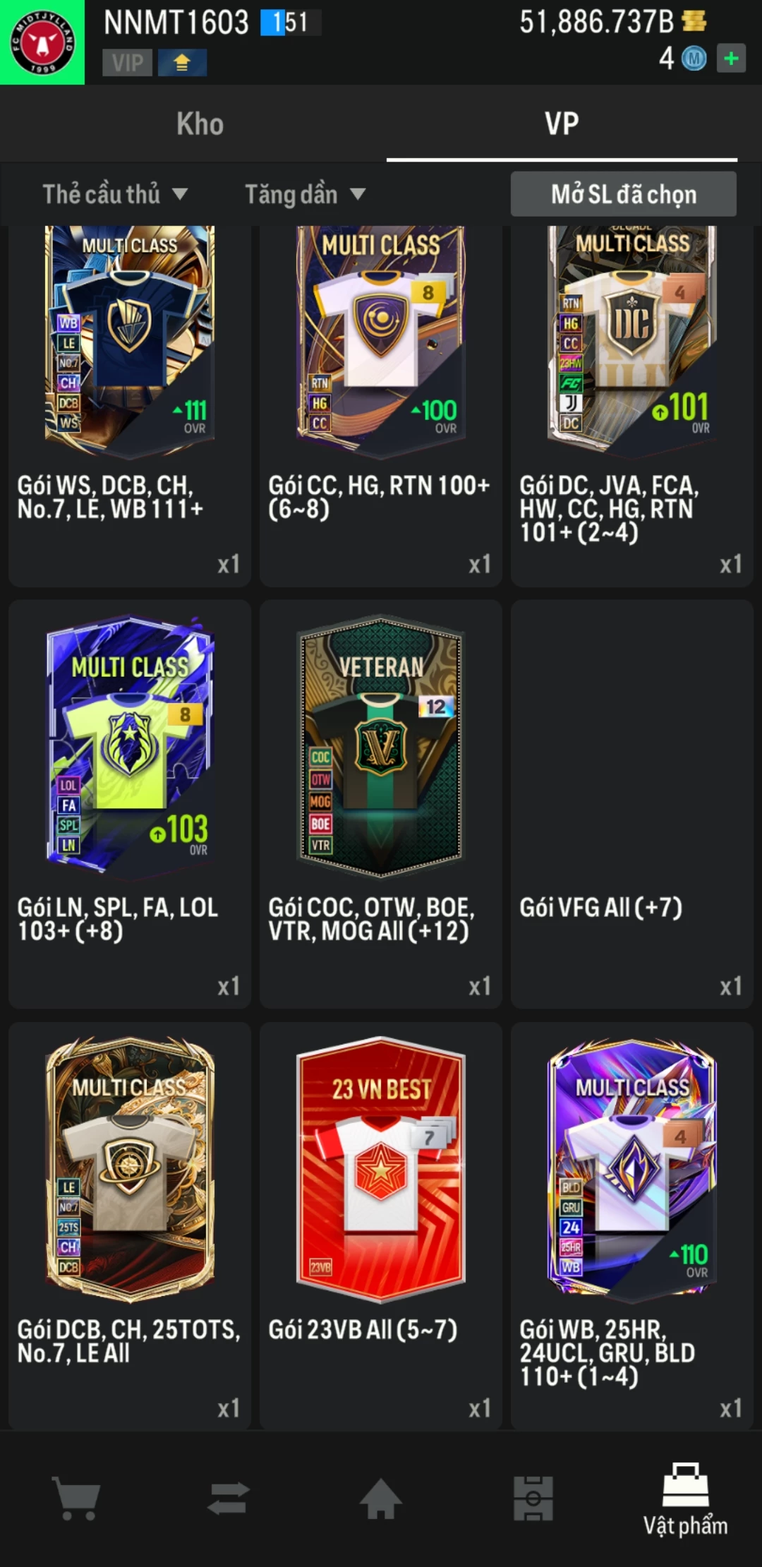 Ảnh ACC mở thẻ (LOẠI SVIP PROMAX) bao gồm có thẻ +12, Thẻ PRIME(QH+, CP+, XS+) và hơn 1500+ đến 1700+ thẻ cầu thủ từ Siêu sao đến Miền núi các loại. Acc có sẵn BP trắng từ 50.000 tỷ BP đến 62.000 tỷ BP